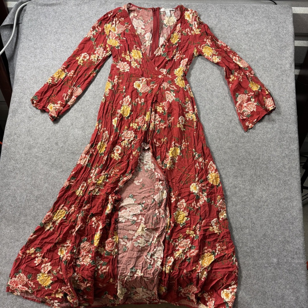 Forever 21 Womens Floral Romper Maxi Dress Medium Red Bell Sleeve Boho